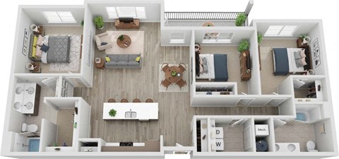 Floor plan for 3 beds, 2 baths, 1413 sqft